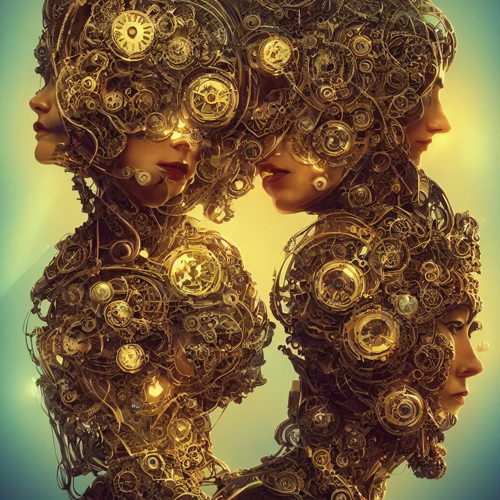 Image similar to beautiful symmetrical face portrait android woman time machine axonometric mechanical fantasy intricate elegant highly detailed in volumetric void of latent space lush flowers intricate jewellery, realm of the gods golden turquoise steampunk, axonometric high contrast cinematic light, mystical shadows, digital painting, sharp focus, octane render, photographic, concept art, artist leonardo davinci, unreal engine 8 k