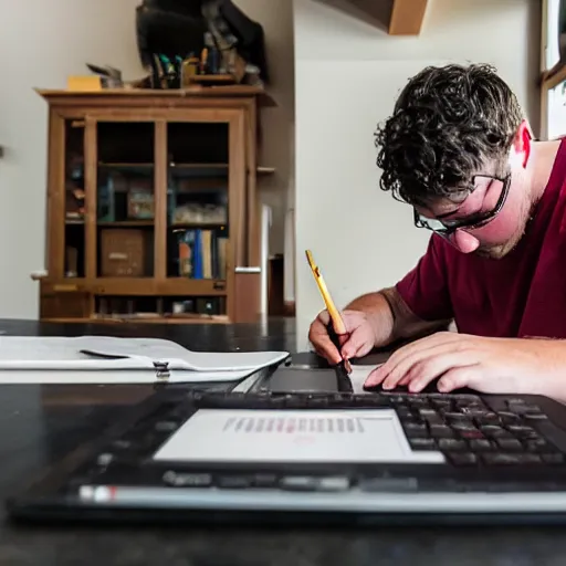 Prompt: Ethan Smith writing his next guide, (EOS 5DS R, ISO100, f/8, 1/125, 84mm, RAW, sharpen, postprocessed)