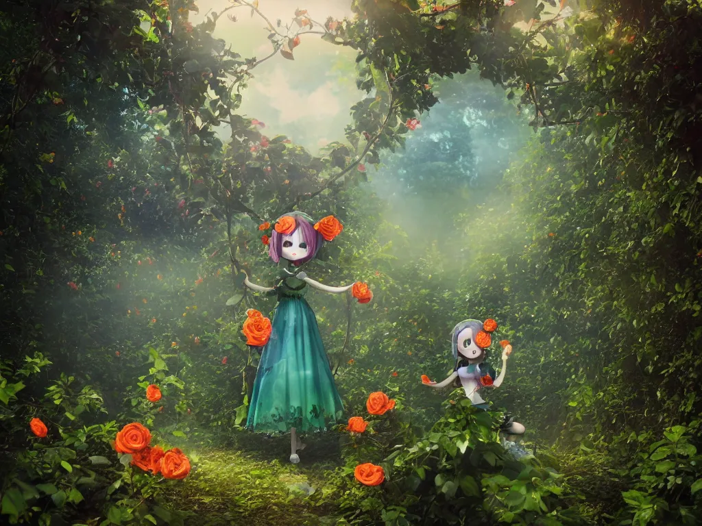 Prompt: cute fumo plush girl among vines in the middle of a lush rose garden, glowing gothic wraith plantgirl, tattered green dress, smoke and orange volumetric fog, blue sky sunshine, bokeh, vray