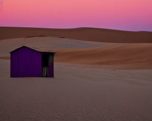 Image similar to sand dunes, empty abandoned shacks, setting sun, black, purple, and red