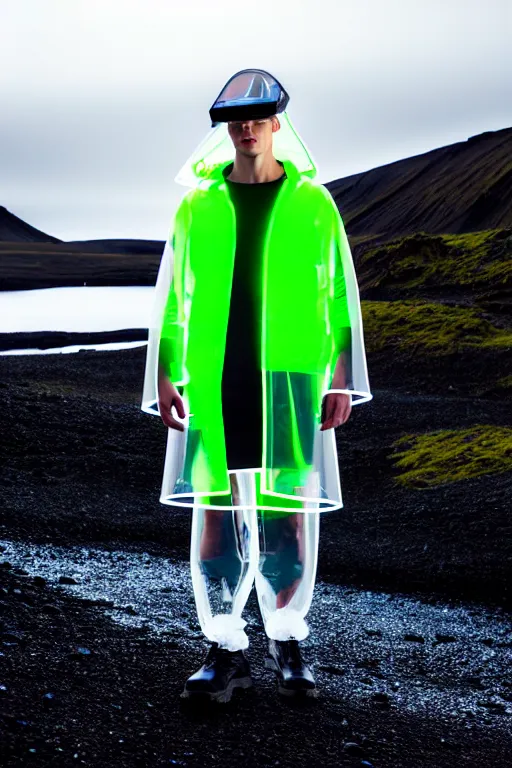 Image similar to an ultra high definition professional high fashion portrait studio full length photograph of a male model wearing a transparent pearlescent raincoat and neon visor in an icelandic black rock environment at dawn. no artefacts. extremely detailed. stark. refraction. shallow depth of field. volumetric light and shadow. ray tracing. light rays.