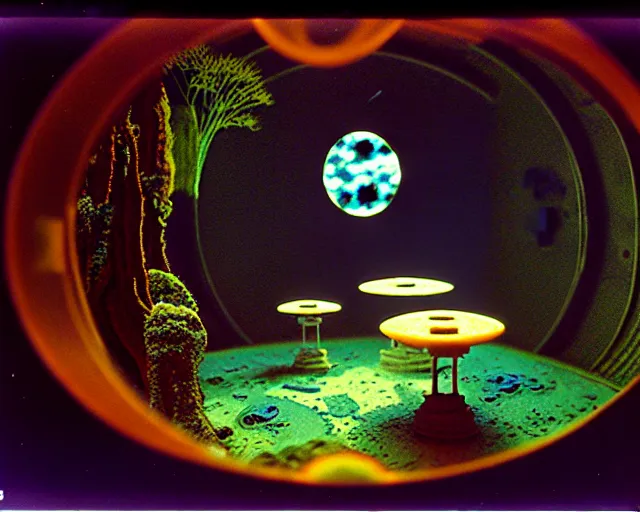 Image similar to low angle shot of a space station at night, aquatic plants, coral, shabby chic, cinematography by Jim Jarmusch, composition by Max ernst, in the style of Ilya Kuvshinov, set design by Antonin Gaudí, 35mm, graflex, color film photography