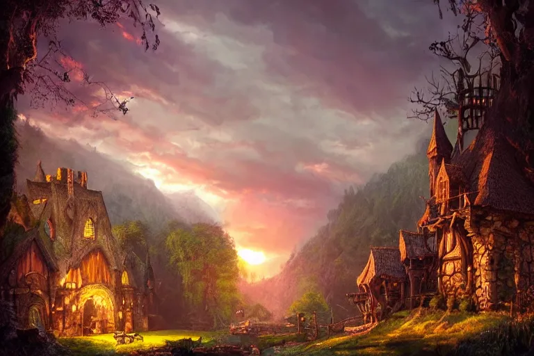 Image similar to fantasy painting, dungeons and dragons, celtic sylvan rivendell medieval village hovels with a stream in a forested valley, sunset with ominous shadows, a bunny by jessica rossier and brian froud cinematic painting