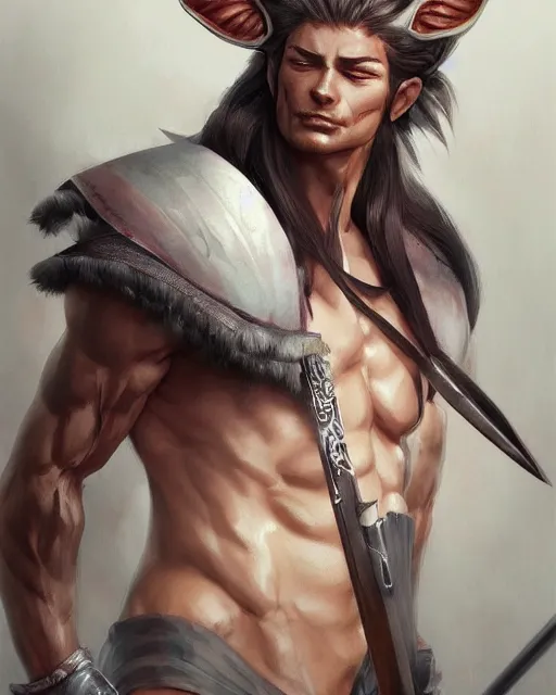 Image similar to A muscular man with fox ears and a katana wearing a kimono, visualartzi, Japanese, concept art by Karla Ortiz, James Paick, Charlie Bowater, Krenz Cushart, highly detailed, ultra detailed, ultra realistic, trending on artstation, cgstudio