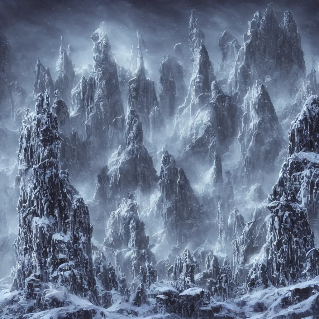 Image similar to deserted frozen stonepunk cityscape of cyclopean towers and cephalopod castles in the mountains of antarctica, upward cinematic angle, by p. craig russell, rodney matthews, frank frazetta and michael kaluta, fantasy art, snowy atmosphere, heavy winter aesthetics, stunning composition, alien faces, monstrous behemoth statues of animal gods, intricate, strange, elegant, digital art, hyperdetailed, colorful hyperrealism, brilliant photorealism, masterpiece, 8k