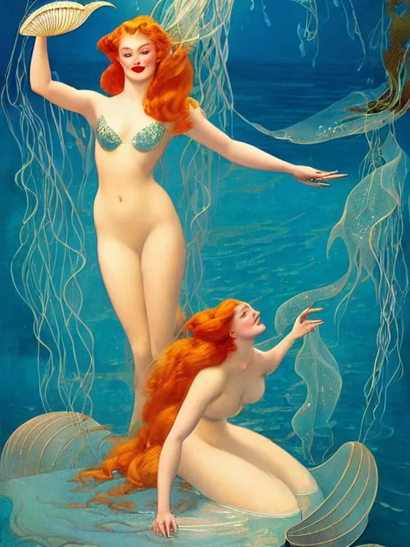 Image similar to Sophie turner as the little mermaid, a beautiful art nouveau portrait by Gil elvgren, beneath the ocean waves glowing jellyfish environment, centered composition, defined features, golden ratio, intricate seashell jewelry that glows