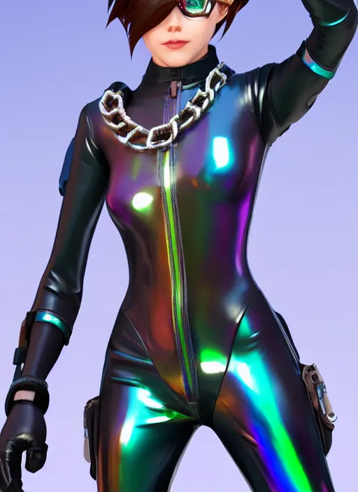 Image similar to portrait bust digital artwork of tracer overwatch, wearing iridescent rainbow latex and leather straps catsuit outfit, 4 k, expressive happy whistling face, makeup, in style of mark arian, angel wings, wearing detailed leather collar, chains, black leather harness, detailed face and eyes,