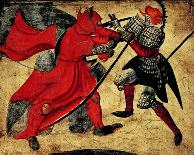 Image similar to 15th century medieval knight fighting against a red demon, 4K