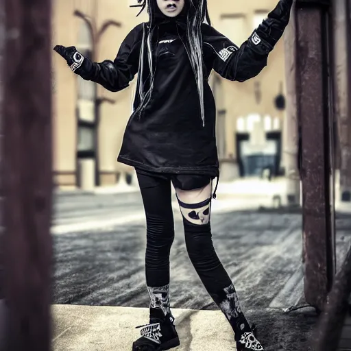 Prompt: 2000's emo scene girl in a techwear outfit, award winning photo, 8k, high quality,