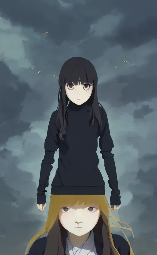 Prompt: a girl wearing black pullover with tribals, symmetrical facial features, school landscape, illustration, concept art, anime key visual, trending pixiv fanbox, by wlop and greg rutkowski and makoto shinkai and studio ghibli and kyoto animation, blue archive, yellow aureole, airsoft gun