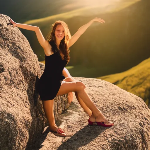 Prompt: beautiful woman posing on the too of a mountain, sun in the background