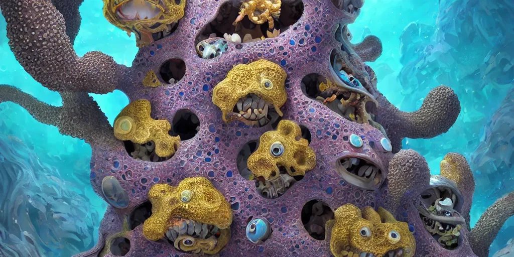 Image similar to of an intricate sea reef with strange cute friendly happy creatures with huge eyes, mouth, long tongue, round teeth and goofy face, appearing from the background, in the style of gehry and gaudi, macro lens, shallow depth of field, ultra detailed, digital painting, trending artstation, concept art, illustration, cinematic lighting, photorealism, epic, octane render