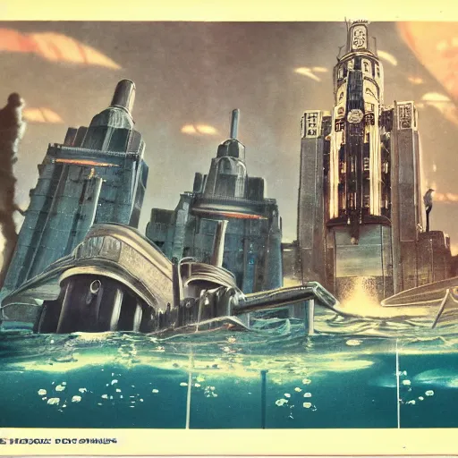 Prompt: bioshock underwater city, 1 9 5 0 s sci - fi art