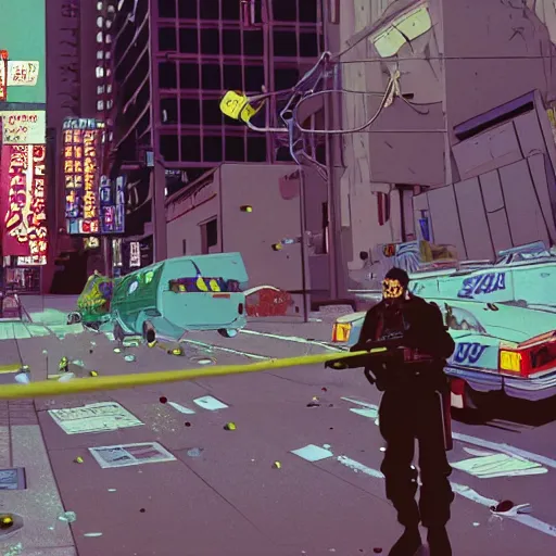 Prompt: 1991 Video Game Screenshot, Anime Neo-tokyo Cyborg bank robbers vs police shootout, bags of money, Police Shot, Bullet Holes and Blood Splatter, Anime VFX, Violent, Action, MP5S, FLCL, Highly Detailed, 8k :4 by Katsuhiro Otomo + Studio Gainax + Arc System Works : 8