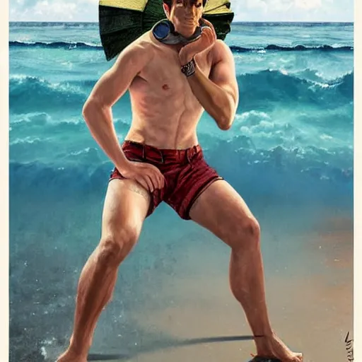 Prompt: ZACHARY QUINTO SPOCK in tropical shorts, beach, sun shining, (SFW) safe for work, photo realistic illustration by greg rutkowski, thomas kindkade, alphonse mucha, loish, norman rockwell