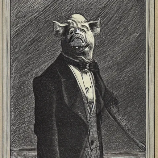 Image similar to a pig in a tuxedo, dark, high detail, dramatic light, drawing gustave dore