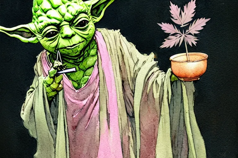 Image similar to a realistic and atmospheric watercolour fantasy character concept art portrait of yoda with pink eyes smiling and holding a blunt with a pot leaf nearby, by rebecca guay, michael kaluta, charles vess and jean moebius giraud