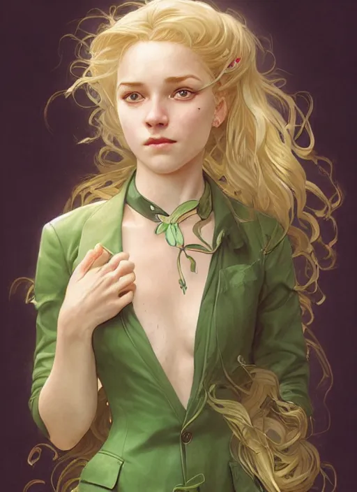 Prompt: a young april with a mischievous face and extremely long blonde wavy hair dressed in a green pale mechanic suit, she have three little scars marks on her forehead, intricate detailed face, artgerm, greg rutkowski, alphonse mucha