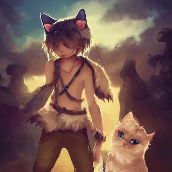 Image similar to boy with cat ears and cat tail, fantasy artwork, award winning, very very very very very very very very beautiful, trending on artstation.