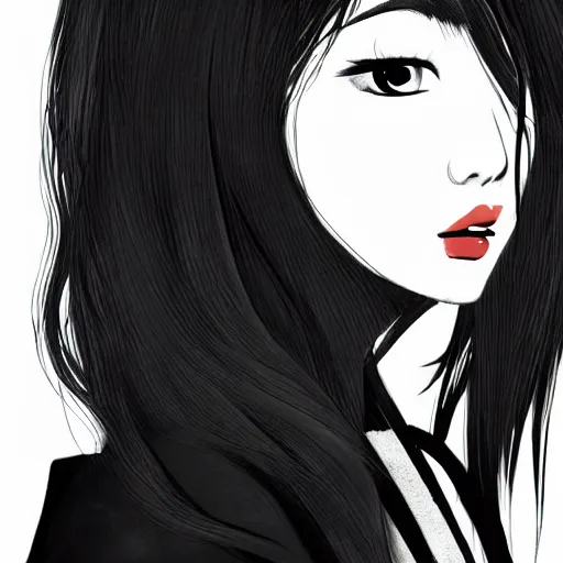 Image similar to portrait of a beautiful korean girl with very long hair and bangs, angular features, angry expression, wearing a black hoodie, in the style of studio trigger, extremely clean lines, anime and manga style, anime concept art