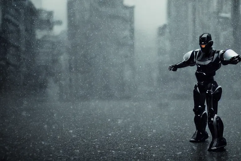 Prompt: closeup vfx marvel sci-fi woman black super hero robot photo real full body action pose, city street cinematic lighting, rain and fog by Emmanuel Lubezki