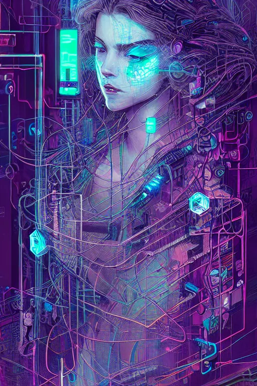 Prompt: dreamy cyberpunk girl, abstract smoke neon, digital nodes, computer network, beautiful woman, detailed acrylic, grunge, intricate complexity, by dan mumford and by alberto giacometti, arthur rackham