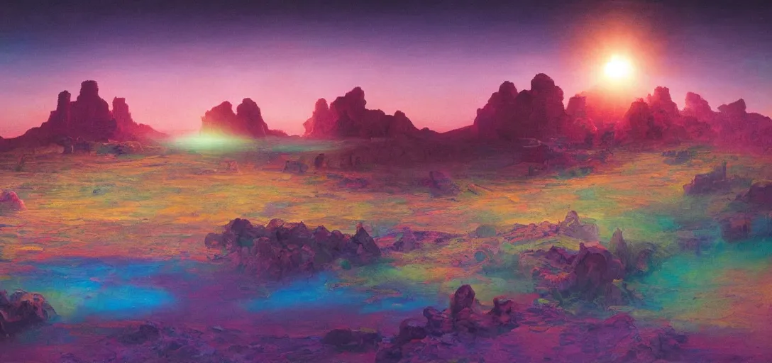 Prompt: beacons of soft light drifting above a desert, classical landscape painting, oil paints, giant ceramic pottery broken and submerged, highly detailed, lasers, late evening with pink light on the horizon, psychedelic colors