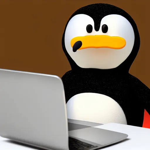 Image similar to pingu sitting behind a computer, 3 d render,, art, epic lighting, clay, claymation