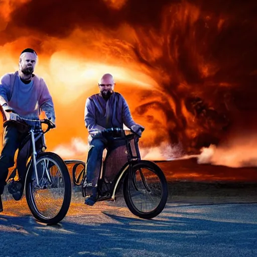 Image similar to photo of walter white and jesse pinkman riding bikes with an exploding building behind them, color, cinematic lighting, highly detailed
