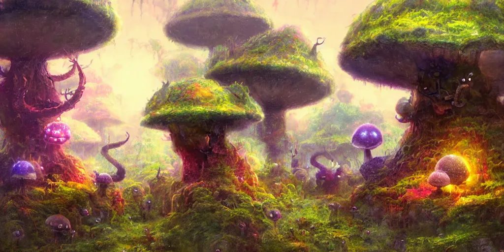 Image similar to ”cute furry creatures living in giant mushroom houses in a mysterious fantasy forest, [bioluminescense, rope bridges, art by wlop and paul lehr, cinematic, colorful]”