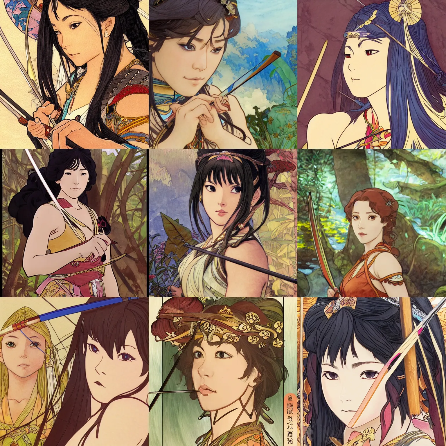 Prompt: Character portrait of an Amazon warrior drawing her bow, fantasy, beautiful face, highly detailed, Japanese watercolor, Kyoto Animation anime screenshot, by Ilya Kuvshinov and Hayao Miyazaki and Alphonse Mucha