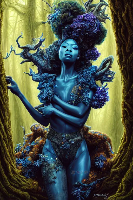 Prompt: hyperrealistic post - rococo super expressive! black woman with exoskeleton armor, merging with tree in a forest, highly detailed digital art masterpiece smooth cam de leon hannah yata dramatic pearlescent blue teal light ground angle hd 8 k sharp focus