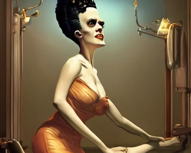 Image similar to phtorealistic modern pin up of the bride of frankenstein posing in a bed in the room of a sanatarium, full body, campy color scheme, realistic, center, smooth, golden ratio, detailed, aly fell, daniela uhlig