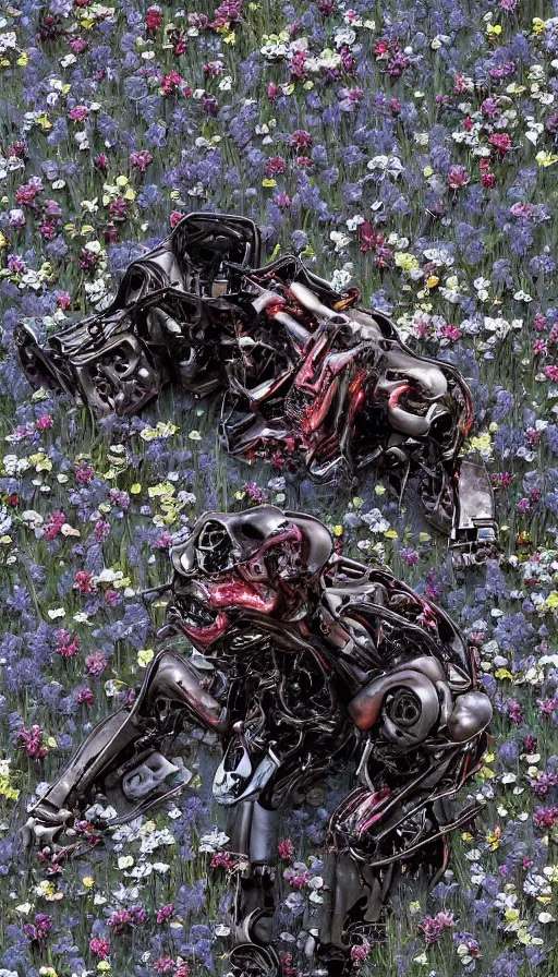 Image similar to destroyed terminator lying in a field of flowers, twisted metal, chrome, reflections, anthropomorphic, photorealism, smoke, metal, 8 k, surreal, wires, smooth, sharp focus, top view, extremely detailed, hyperrealism, elegant, establishing shot, by jeff koons, artgerm and greg rutkowski