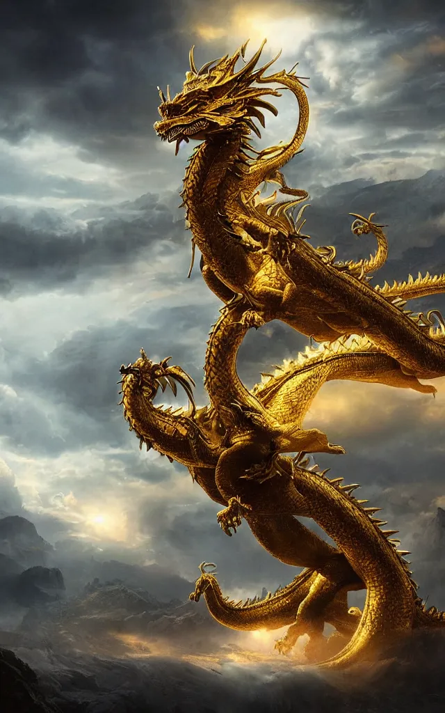 Image similar to a matte painting depicting a golden dragon, epic, legendary, cinematic composition, stunning atmosphere