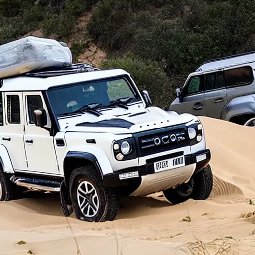 Image similar to white land cruiser crashed into back of black new defender on a sand dune