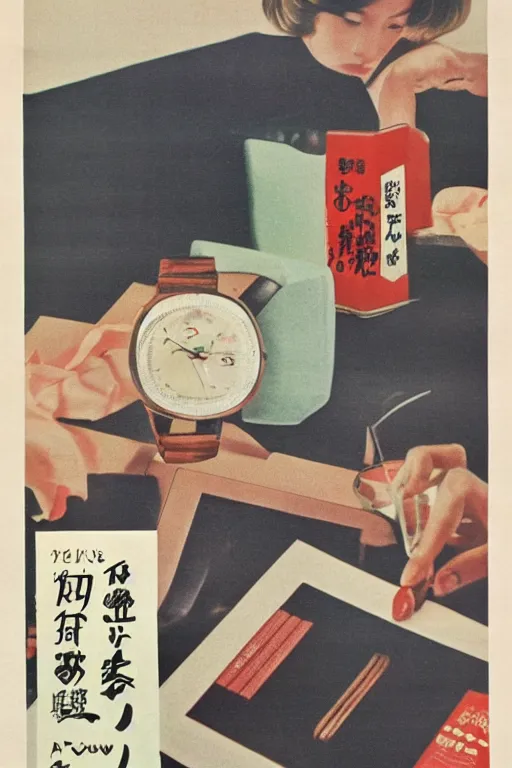 Image similar to watch advertisment, still life, 1 9 7 0 s japan shouwa advertisement, print, nostalgic