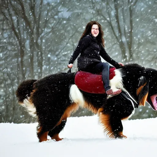 Image similar to girl riding giant Bernese Mountain Dog in the snow, trending on artstation