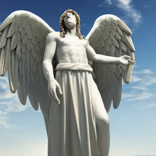 Image similar to gigantic biblical depiction of an angel towering over a vast landscape, cinematic, realistic, geometric body, photorealistic, detailed, white body, global illumination, volumetric lighting, 8 k, god rays, beautiful, majestic clouds