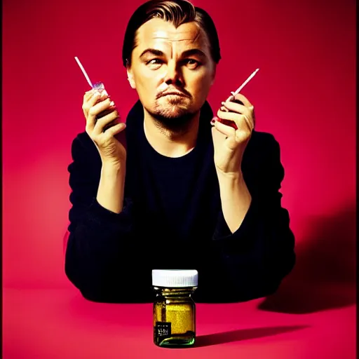 Prompt: detailed studio portrait of leoanrdo dicaprio holding tiny jar of tincture. watching ar camera. studio light, polished look, solid background, ad, fashion photography, by pierpaolo ferrari and maurizio cattelan, 3 5 mm photograph, david lachapelle, canon eos c 3 0 0, 8 k