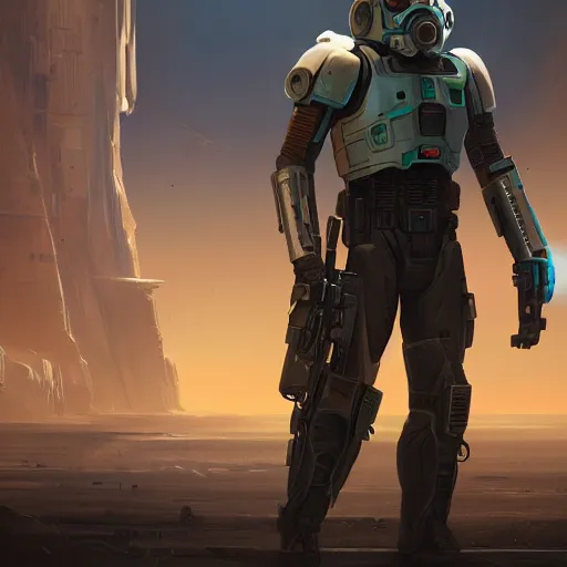 Prompt: a digital painting of an intergalactic bounty hunter, sci - fi, hyper realistic, full of details, octane render, 4 k, unreal engine, in the style of greg rutkowski