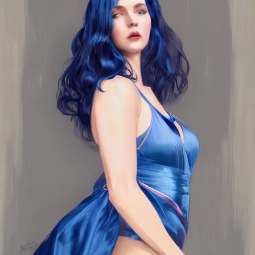 Image similar to portrait of ballerina wearing satin nightgown, blue hair, attractive, casual, modern, victoria's secret, highly detailed, digital painting, artstation, concept art, smooth, sharp focus, illustration, art by artgerm, greg rutkowski and alphonse mucha