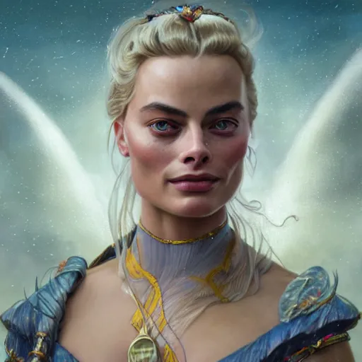 Prompt: a very detailed Magic portrait painting of Margot Robbie, a very detailed fantasy city background, a very detailed dramatic sky, light particles, environment drawn by Donato Giancola and Tom Bagshaw, Edmund Leighton, character design by Alphonse Mucha, 4k, volumetric lighting, komorebi, award winning, octane render, hyperrealistic