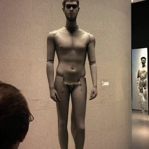 Image similar to “ a realistic detailed photo of a guy who is an attractive humanoid who is half robot and half humanoid, who is a male android, actor liam hemsworth, shiny skin, posing like a statue, blank stare, at the museum, on display ”