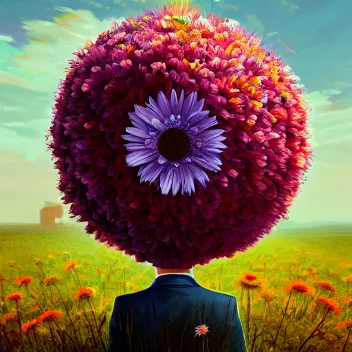 Image similar to giant daisy flower head, frontal, a girl in suit, surreal photography, sunrise, dramatic light, impressionist painting, digital painting, artstation, simon stalenhag