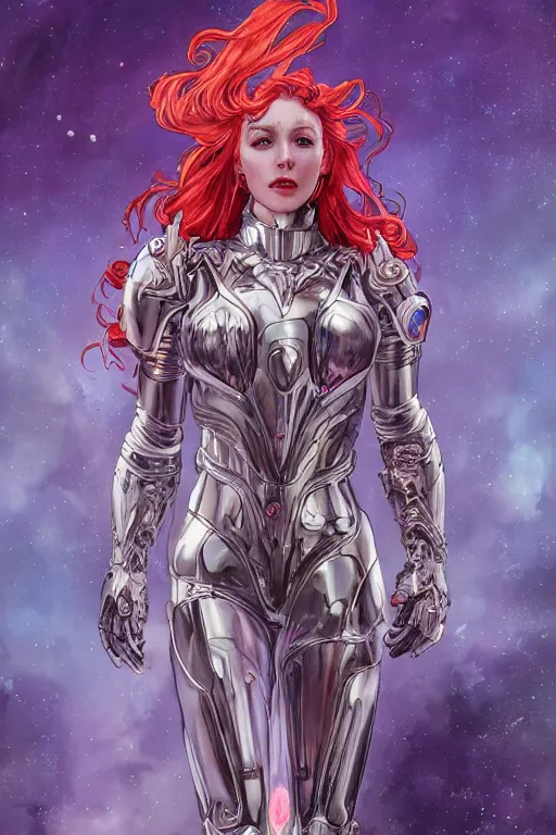 Image similar to pale woman with red hair in sci - fi armor with purple accents, bionic armor, stoic, powerful, by artgerm and yoshitaka amano and moebius and alphonse mucha, hyperdetailed, dc comics, ornate, nebula, explosions in the sky, trending on artstation