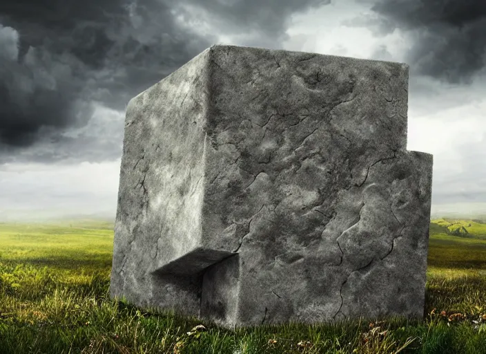 Prompt: a massive stone cube mostly buried in a grassland, landscape, dark clouds, fantasy art, painting