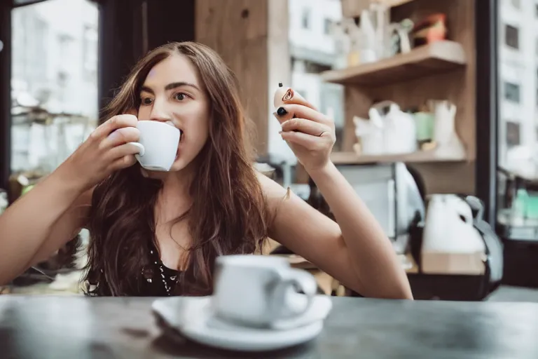 Prompt: girl drinking coffee with pepe the frog in a cafe, studio photo