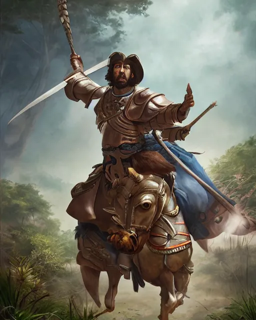 Image similar to ultrarealistic portrait of a spanish conquistador in battle, symmetrical, by daniel zrom and mingchen shen, studio ghibli color scheme, detailed, handsome, anatomy, sharp focus, photography, magic : the gathering, octane, cinematic lighting, facial features, jungle, clear face