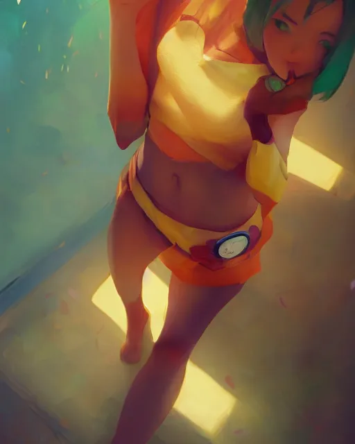 Image similar to a girl dressed as a mango fruit, mango color scheme, full shot, atmospheric lighting, detailed face, by makoto shinkai, stanley artgerm lau, wlop, rossdraws